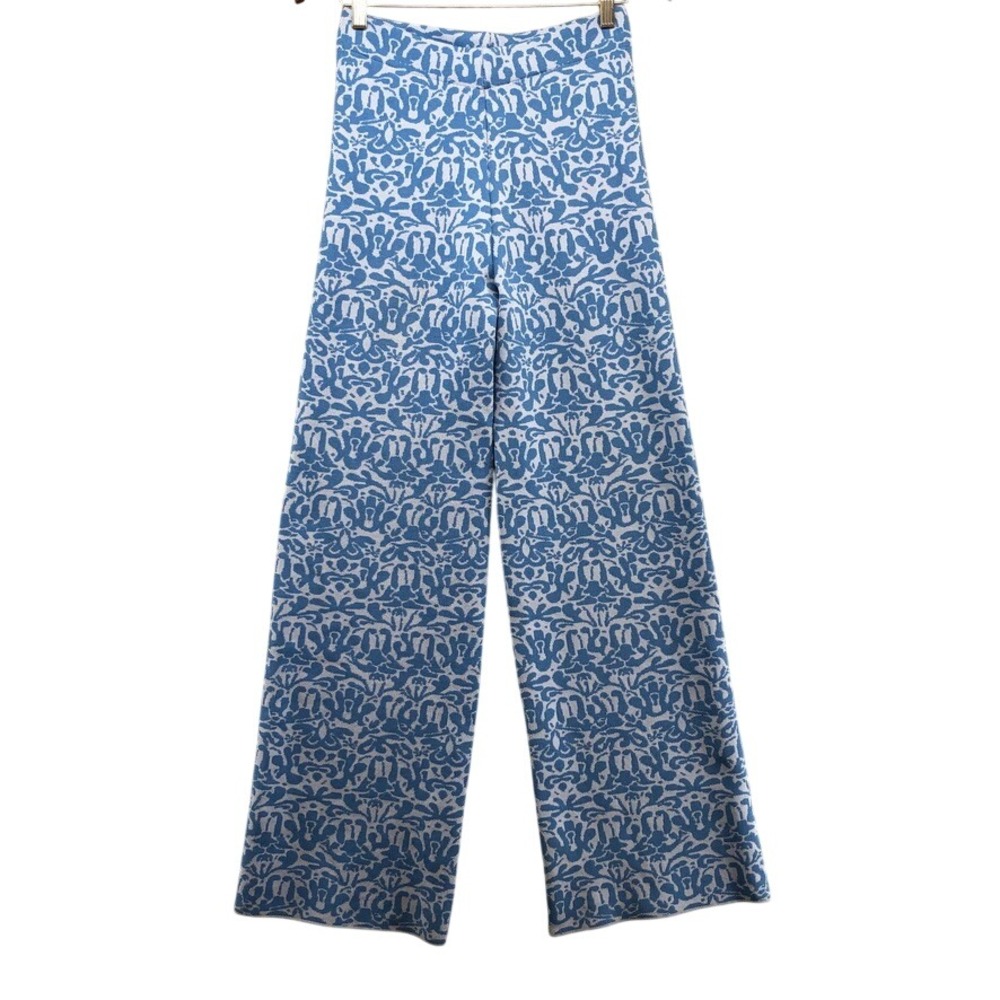 Maeve Knit Pants Womens Small Blue Damask Jacquard Wide Leg High Rise Retro